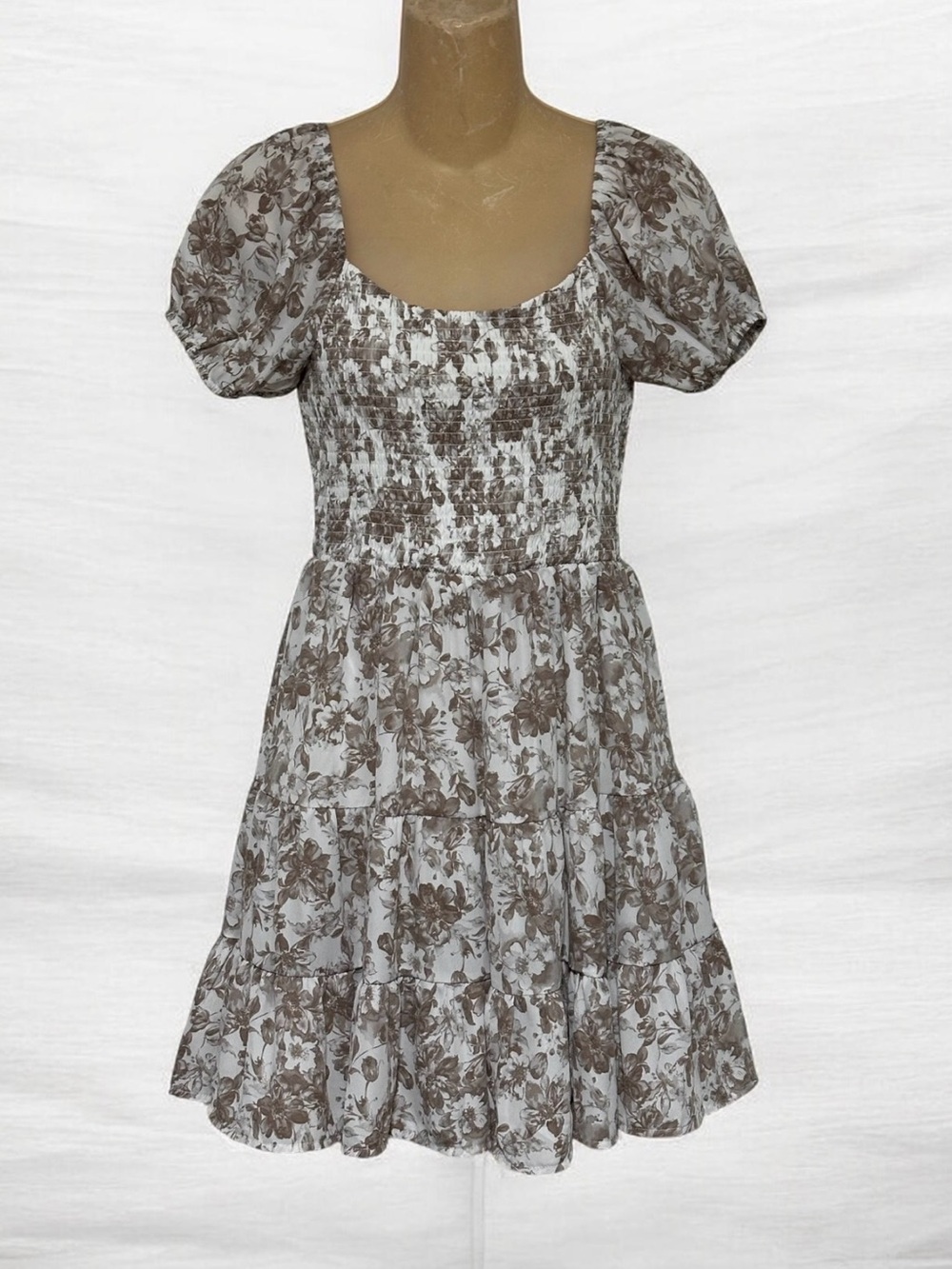 Altar'd State Brown Floral Puff-Sleeve Tiered Mini Dress